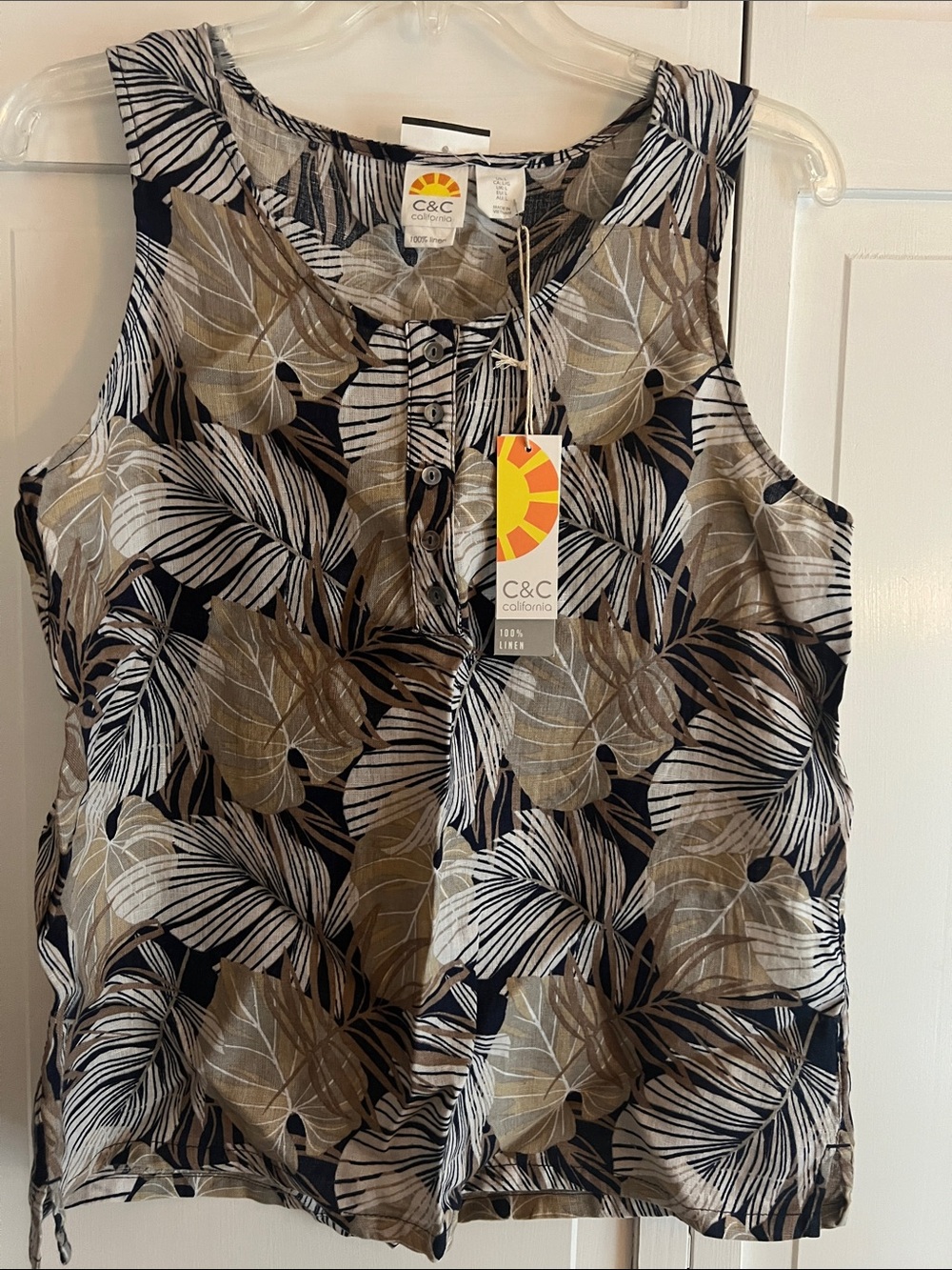 C&C California Tank with Tan Navy and White Tropical Leaf Print